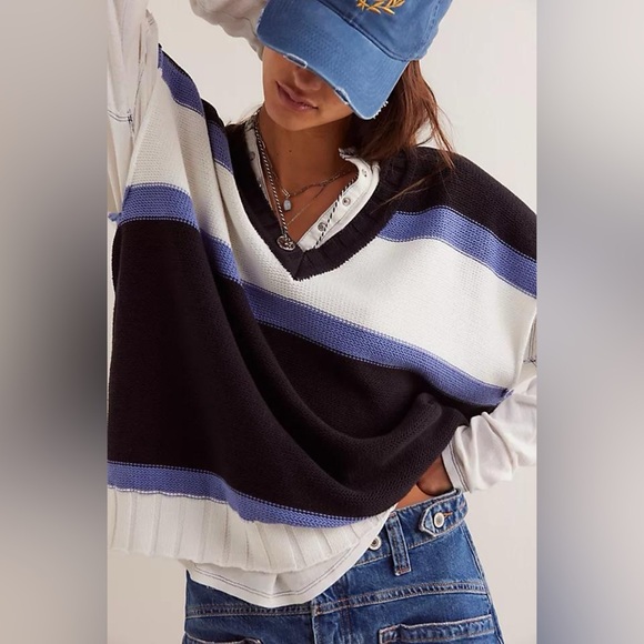 We The Free Jackets & Blazers - We The Free Free People Tommi Striped Sweater Vest Black White Purple M